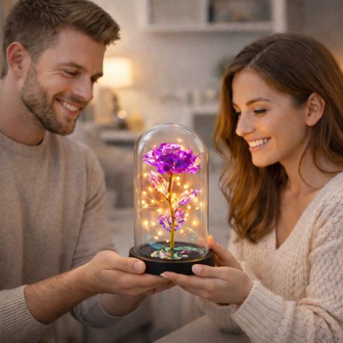 Örök Kristály Rózsa Kupolában LED Világítással Rózsaszín 21x11cm