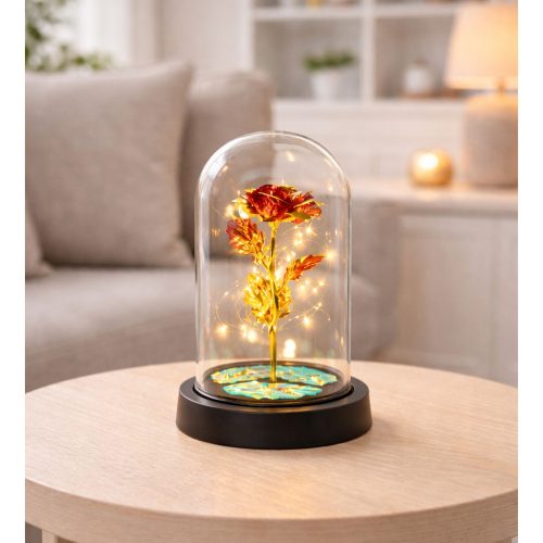 Örök Kristály Rózsa Kupolában LED Világítással Piros 21x11cm