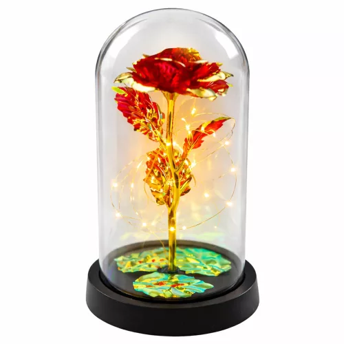Örök Kristály Rózsa Kupolában LED Világítással Piros 21x11cm