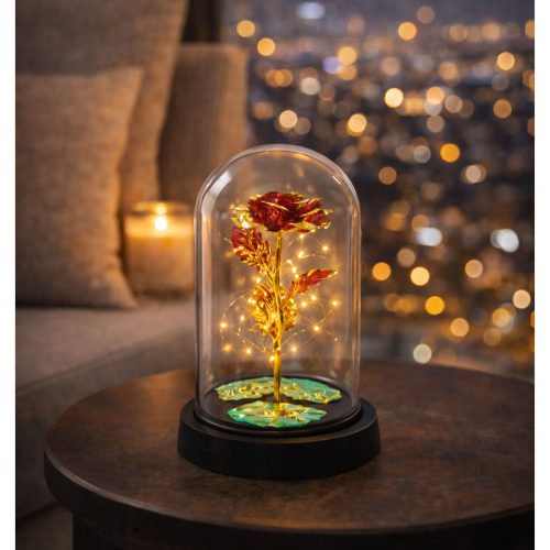 Örök Kristály Rózsa Kupolában LED Világítással Piros 21x11cm