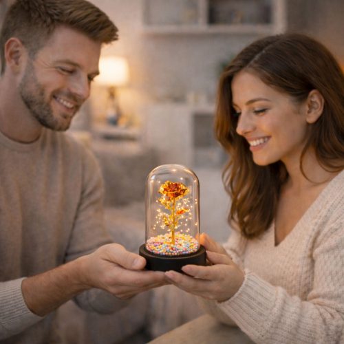 Örök Rózsa Üveg Kristály LED Világító Gömbök Piros 21x11cm