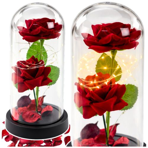 Örök 2 Rózsa Kupolában LED Világítással és Rózsaszirmokkal Piros 21x11cm