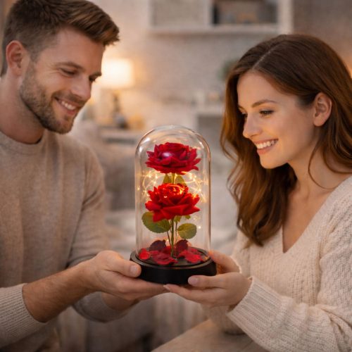 Örök 2 Rózsa Kupolában LED Világítással és Rózsaszirmokkal Piros 21x11cm