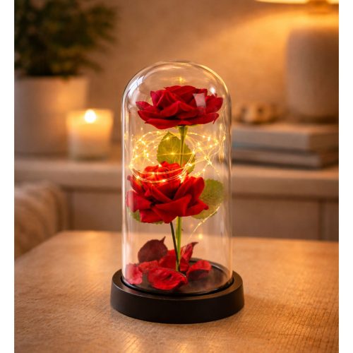 Örök 2 Rózsa Kupolában LED Világítással és Rózsaszirmokkal Piros 21x11cm