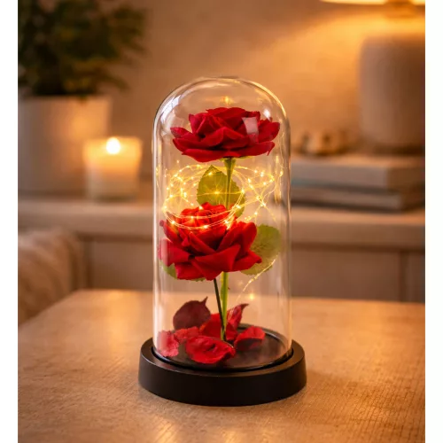 Örök 2 Rózsa Kupolában LED Világítással és Rózsaszirmokkal Piros 21x11cm