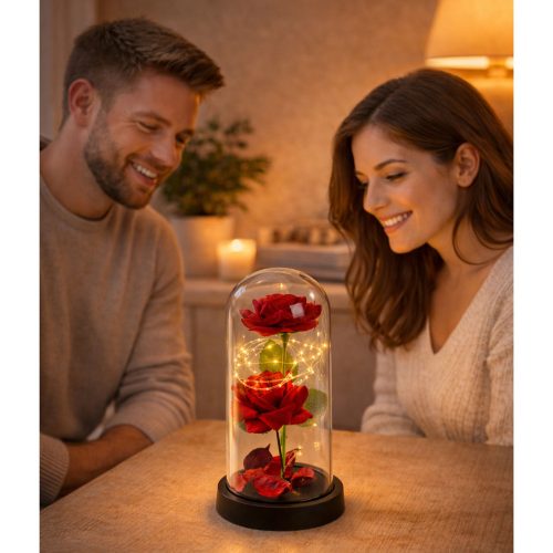 Örök 2 Rózsa Kupolában LED Világítással és Rózsaszirmokkal Piros 21x11cm