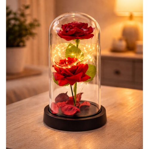 Örök 2 Rózsa Kupolában LED Világítással és Rózsaszirmokkal Piros 21x11cm