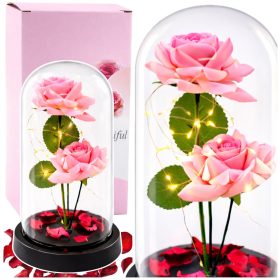   Örök Rózsák Kupolában LED Világítással és Rózsaszirmokkal Rózsaszín 21x11cm