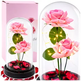   Örök Rózsák Kupolában LED Világítással és Rózsaszirmokkal Rózsaszín 21x11cm