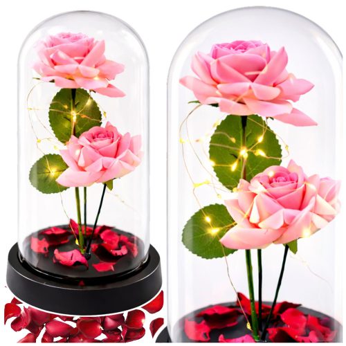 Örök Rózsák Kupolában LED Világítással és Rózsaszirmokkal Rózsaszín 21x11cm