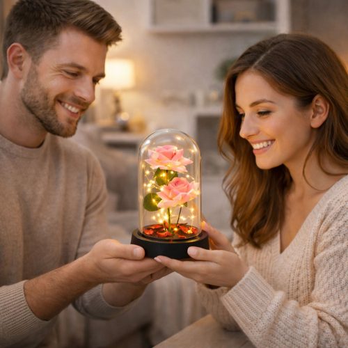 Örök Rózsák Kupolában LED Világítással és Rózsaszirmokkal Rózsaszín 21x11cm