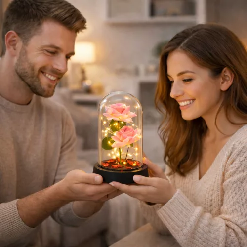 Örök Rózsák Kupolában LED Világítással és Rózsaszirmokkal Rózsaszín 21x11cm