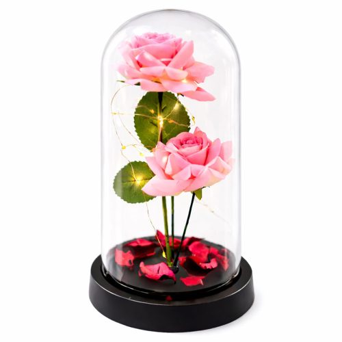 Örök Rózsák Kupolában LED Világítással és Rózsaszirmokkal Rózsaszín 21x11cm