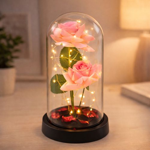 Örök Rózsák Kupolában LED Világítással és Rózsaszirmokkal Rózsaszín 21x11cm