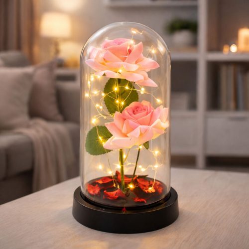 Örök Rózsák Kupolában LED Világítással és Rózsaszirmokkal Rózsaszín 21x11cm