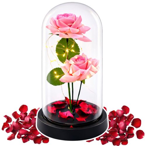 Örök Rózsák Kupolában LED Világítással és Rózsaszirmokkal Rózsaszín 21x11cm