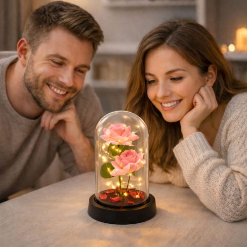 Örök Rózsák Kupolában LED Világítással és Rózsaszirmokkal Rózsaszín 21x11cm