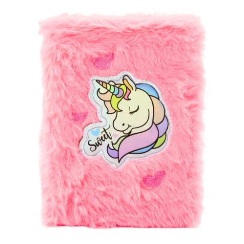 Plüss vonalas jegyzetfüzet, A6, 80 lapos, unikornis, rózsaszín