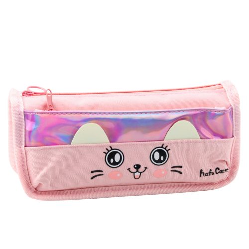 Rózsaszín iskolai tolltartó két zsebbel, 21,5 cm