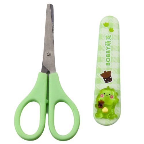 Gyermek iskolai olló tokkal, kétkezes zöld 14cm
