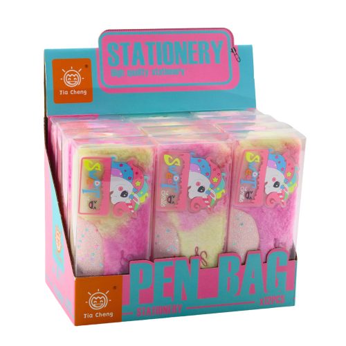 Egyszarvú plüss tolltartó fényes rózsaszín unikornis elemekkel