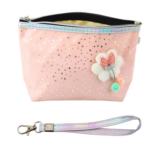 Tolltartó kozmetikai táska masni fényes pöttyök púder rózsaszín 23x16cm