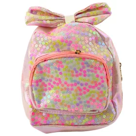   Gyermek hátizsák flitterekkel, virágokkal, masnival, világos rózsaszín, 22 cm, 2,8 liter
