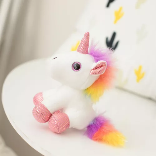 Plüss egyszarvú kulcstartó fém gyűrű fehér 12cm