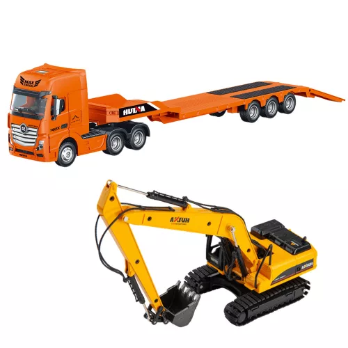 Teherautó pótkocsival Vontató kamion fémkotró Huina Orange 1:50