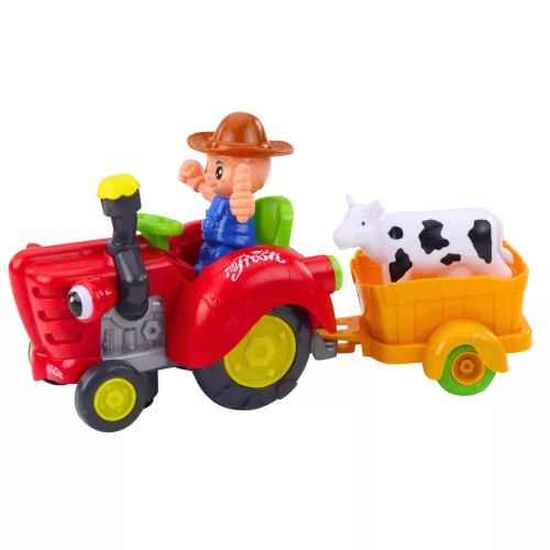 Interaktív farmer traktor pótkocsival, tehénfigurával, fényekkel és hangokkal