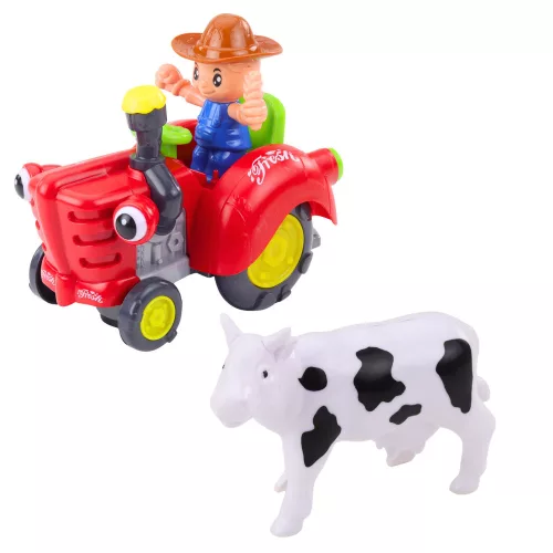 Interaktív farmer traktor pótkocsival, tehénfigurával, fényekkel és hangokkal