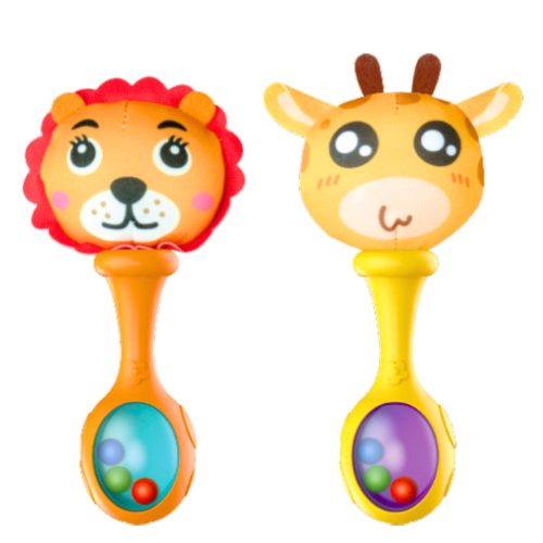 Csörgőkészlet puha golyómintákkal, zsiráf és oroszlán mintával, 2 db