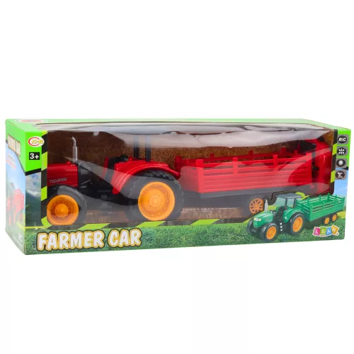 RC távirányítós mezőgazdasági traktor pótkocsival, piros