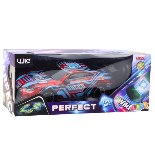 Távirányítású RC versenyautó világító kék és piros karosszériával.