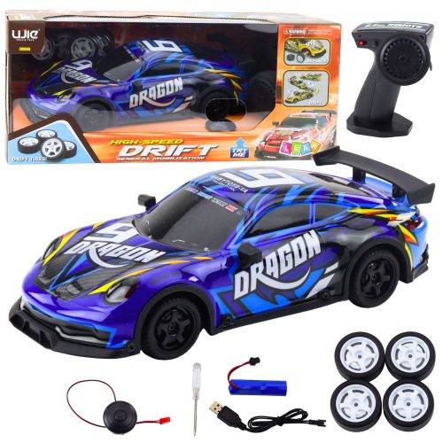 RC sportautó megvilágított drift karosszériával, kék