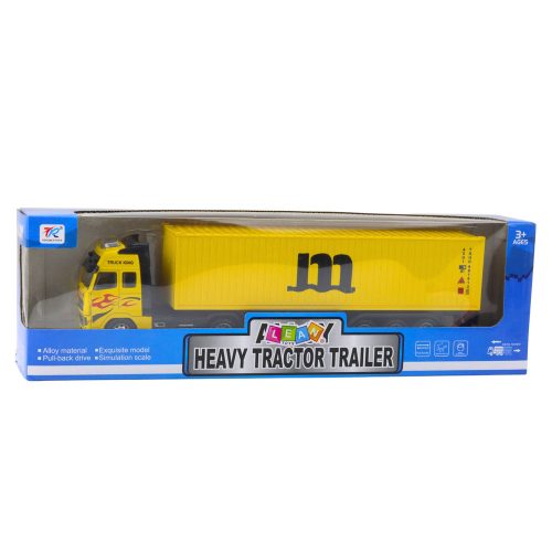 Teherautó konténeres fém fülkével, visszahúzható meghajtással, sárga