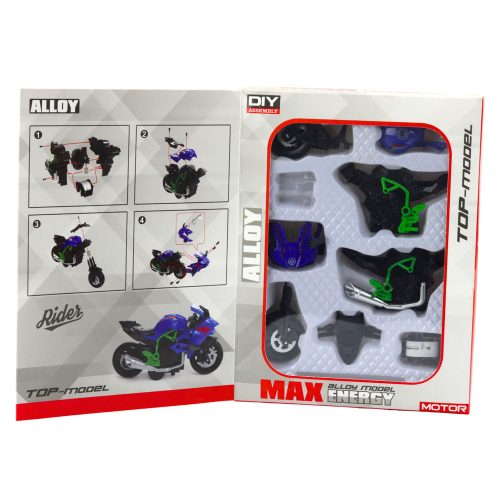 Motorkerékpár összeszerelhető csavar fém 1:14 barkács zöld-kék