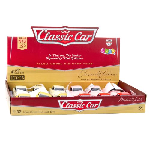 Klasszikus autó az 50-es évekből. Fém visszahúzható meghajtó. Ajtók nyitása. 1:32 Keverés.