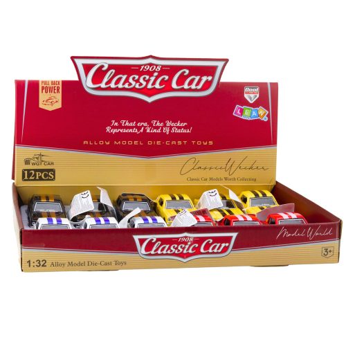 Klasszikus autó visszahúzható meghajtással, fém nyíló ajtókkal, 1:32 keverék