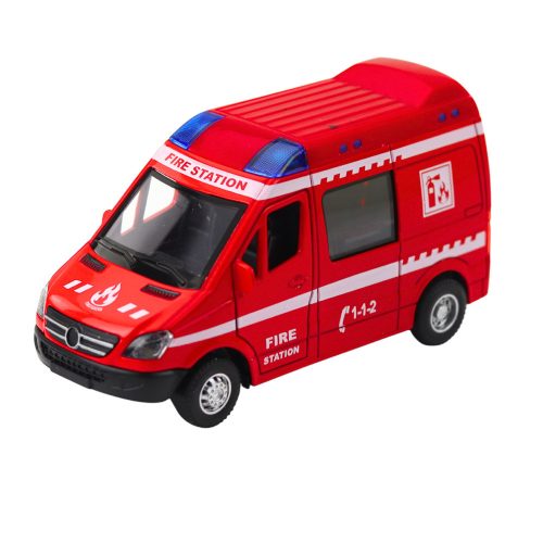 Tűzoltóautó fém visszahúzható motor lámpái vörös hangok 1:32