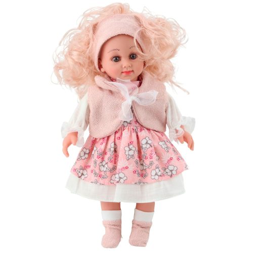Sweet Angel Doll rózsaszín virágos ruhában, ujjatlan felsővel és fejpánttal, 36 cm