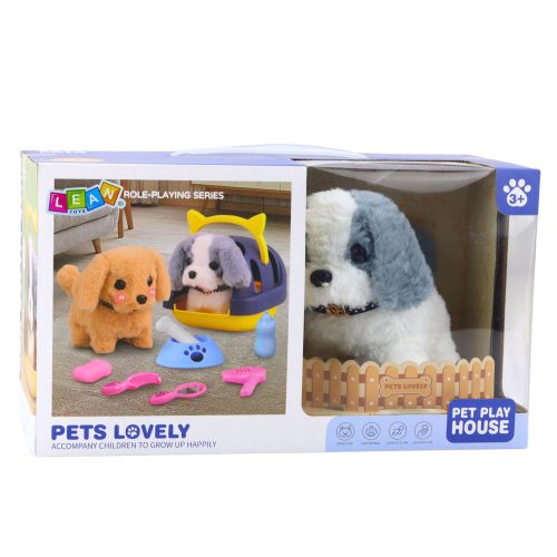 Interaktív plüss kutyasétáltató és ugató hordozótartozékok szürke és fehér