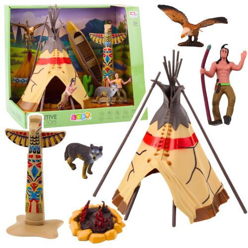 Indiai figurák halmaza, falusi indiánok sátora, tipi csónak totem