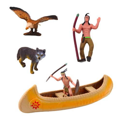 Indiai figurák halmaza, falusi indiánok sátora, tipi csónak totem