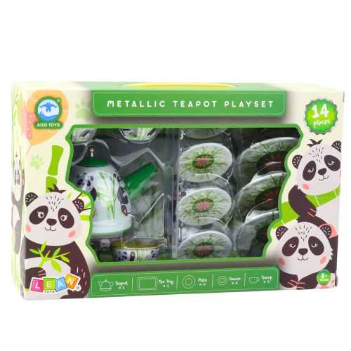 Teáskészlet Fém kancsó csésze tányérok Panda Green 14 db