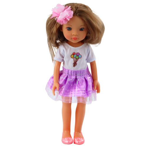 Lila ruhás baba, hosszú barna hajú virágcsipesz