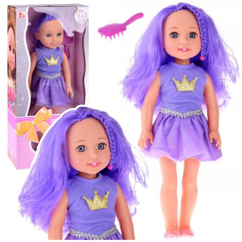 Baba ruhában koronás hosszú hajú lila ecsettel 38cm