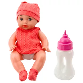 Baba baba cumisüveggel, rózsaszín ruhával, 30 cm