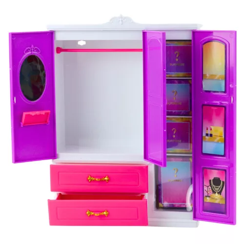 Anlily Doll Szekrény polcokkal Fiókok Öltöző Kiegészítők 24 db.