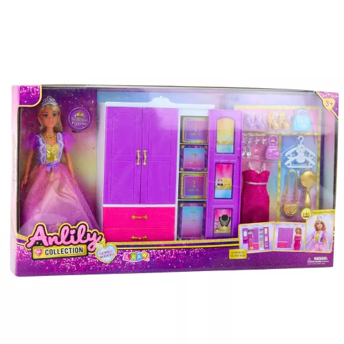 Anlily Doll Szekrény polcokkal Fiókok Öltöző Kiegészítők 24 db.